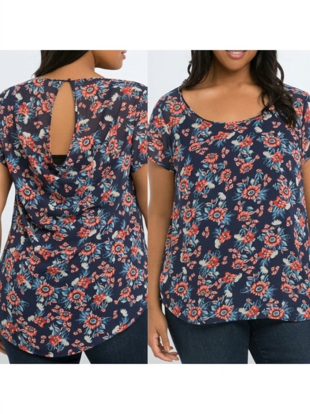NEW NWT TORRID 2 Plus Size Floral Chiffon Drape Back Top Navy Blue Red Boho 2X
